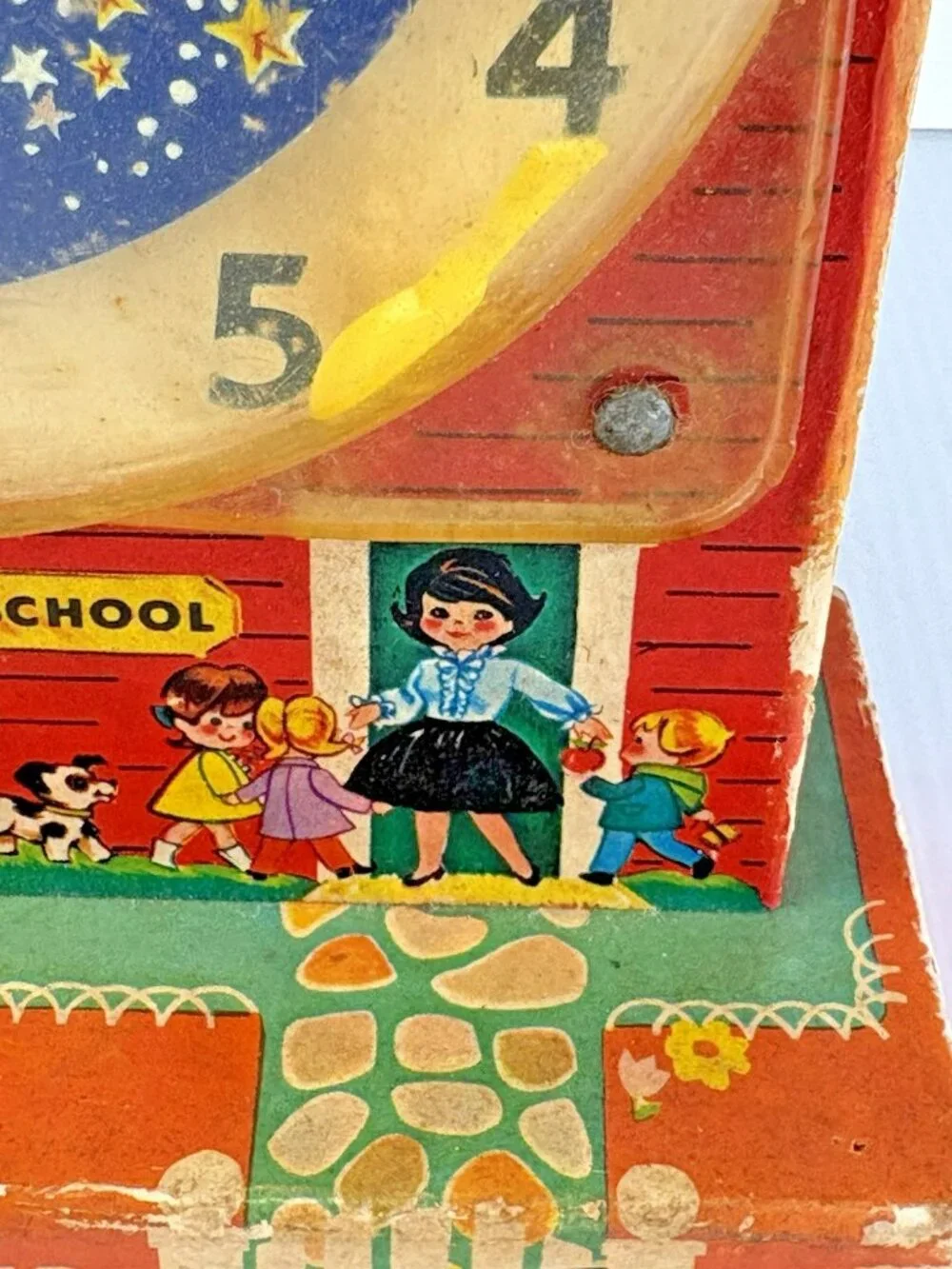 Vintage Fisher Price Music Box Teaching Clock 998 Wooden Toy As is
